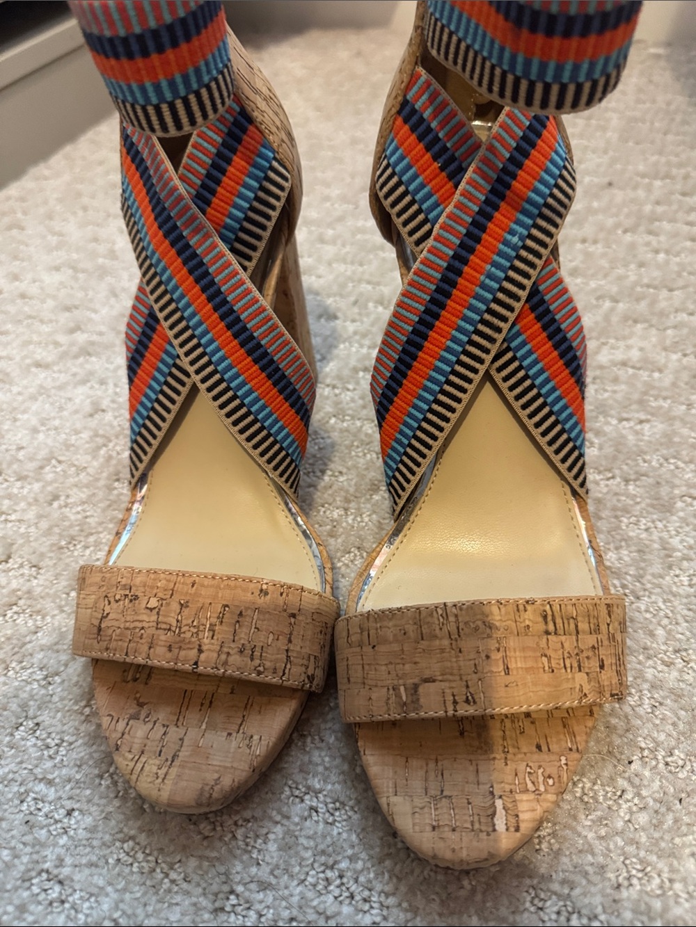 Jessica Simpson-Women’s Cork Wedge Sandals with Multicolor Striped Straps